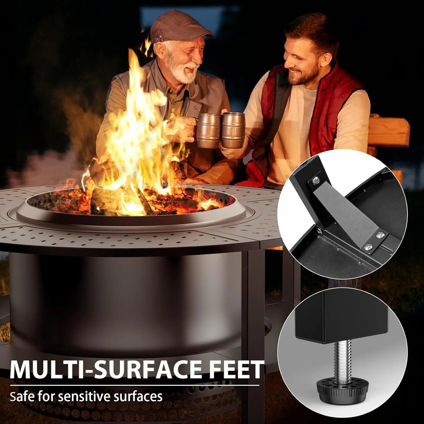 Deluxe Fire Pit Surround Tabletop with Firewood Storage Shelf