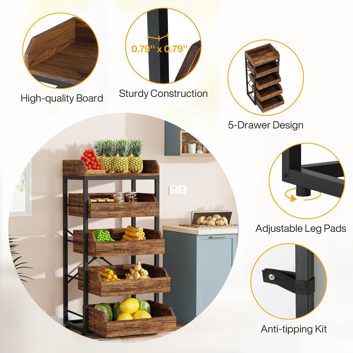 5-Tier Pull-Out Basket Stand, Utility Shelf Organizer