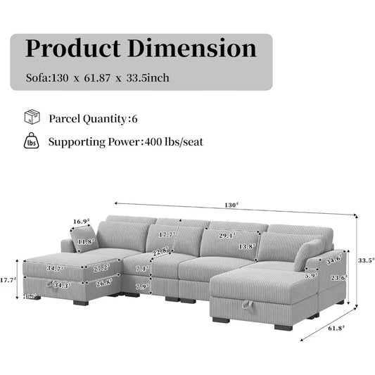 Quaint Farmhouse Oversized Sectional Sofa with 2 Storage Ottomans