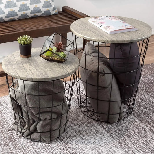 Chic Cottage Style Nesting End Tables Set of 2 with Removable Wood Tops