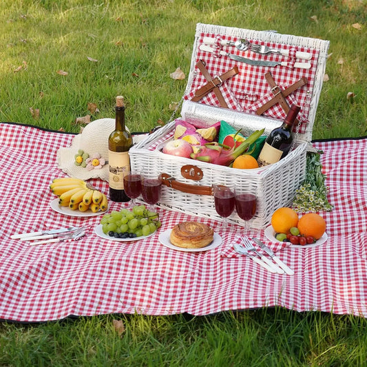 Vintage Picnic Basket Cooler Set for 4 with Large Waterproof Picnic Blanket