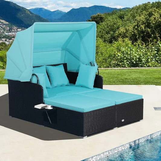 Chic Sun Lounger with Retractable Canopy and 2 Foldable Side Panels
