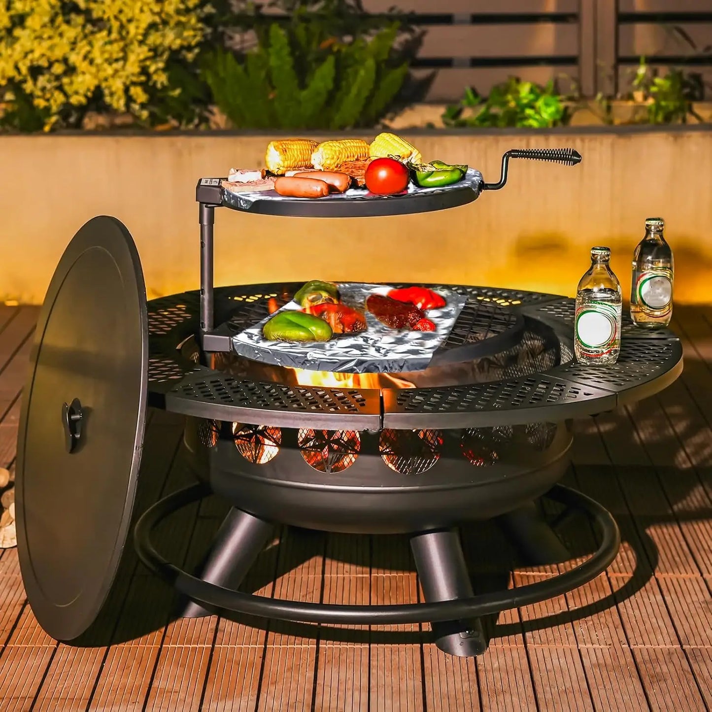 3-in-1 Outdoor Wood Burning Stars Fire Pit with Lid