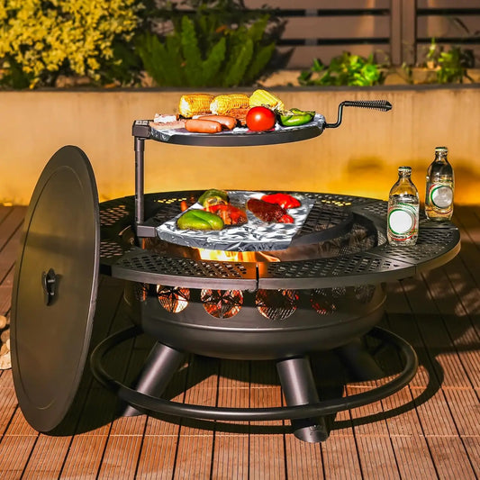 3-in-1 Outdoor Wood Burning Stars Fire Pit with Lid