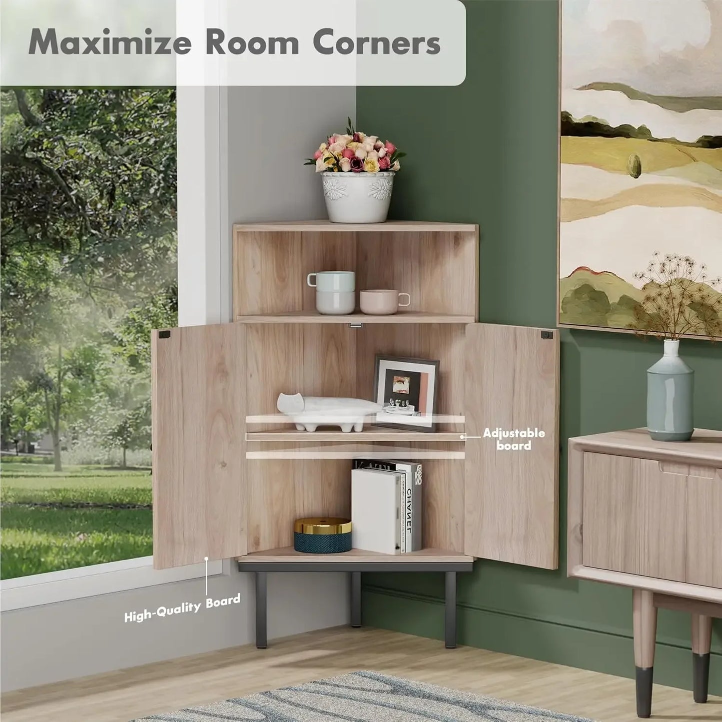 Handmade Corner Cabinet with Natural Rattan Decorated Doors