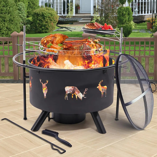 Hunters Fire Pit with Cooking Grate, Lid, Poker and Round Waterproof Cover
