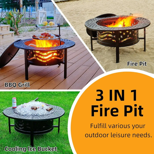 Stars and Stripes Wood Burning 42" Fire Pit with 2 Grills, with poker and lid cover