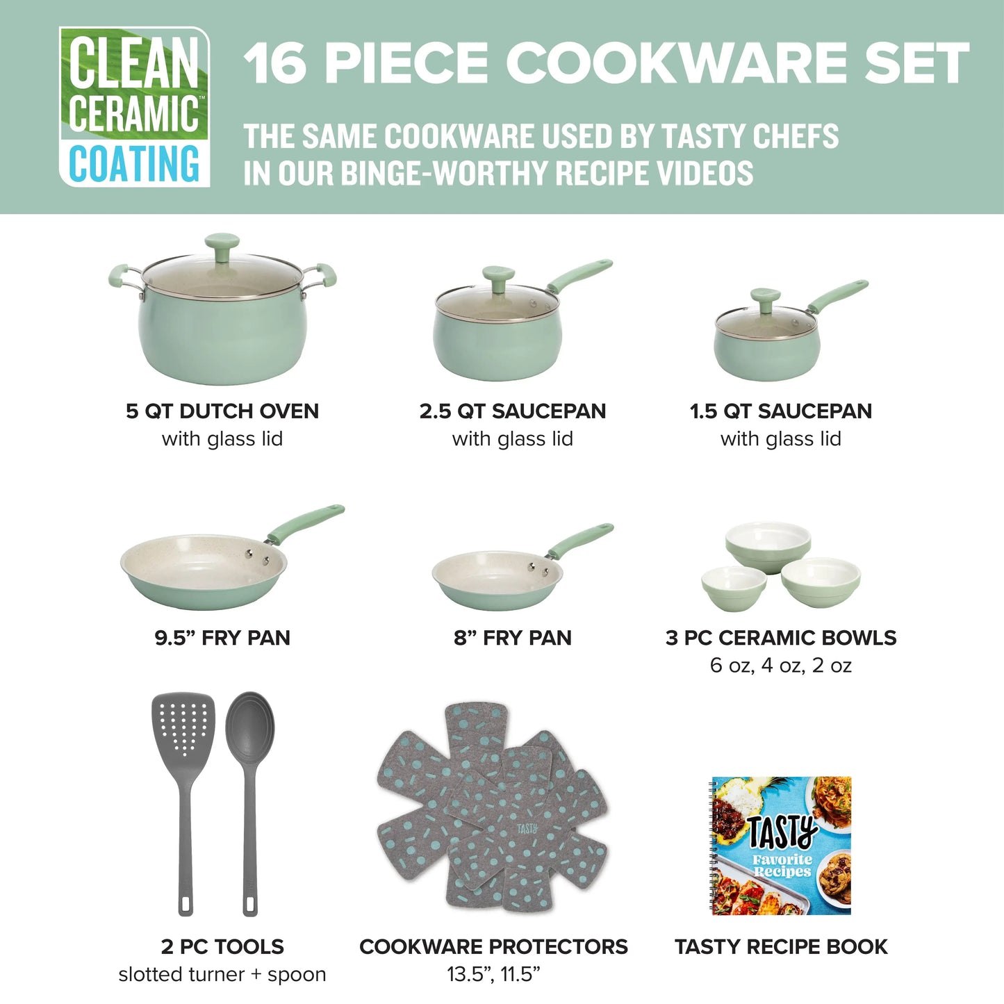 Sage Green Ceramic 16 Piece Non-Stick Aluminum Cookware Set