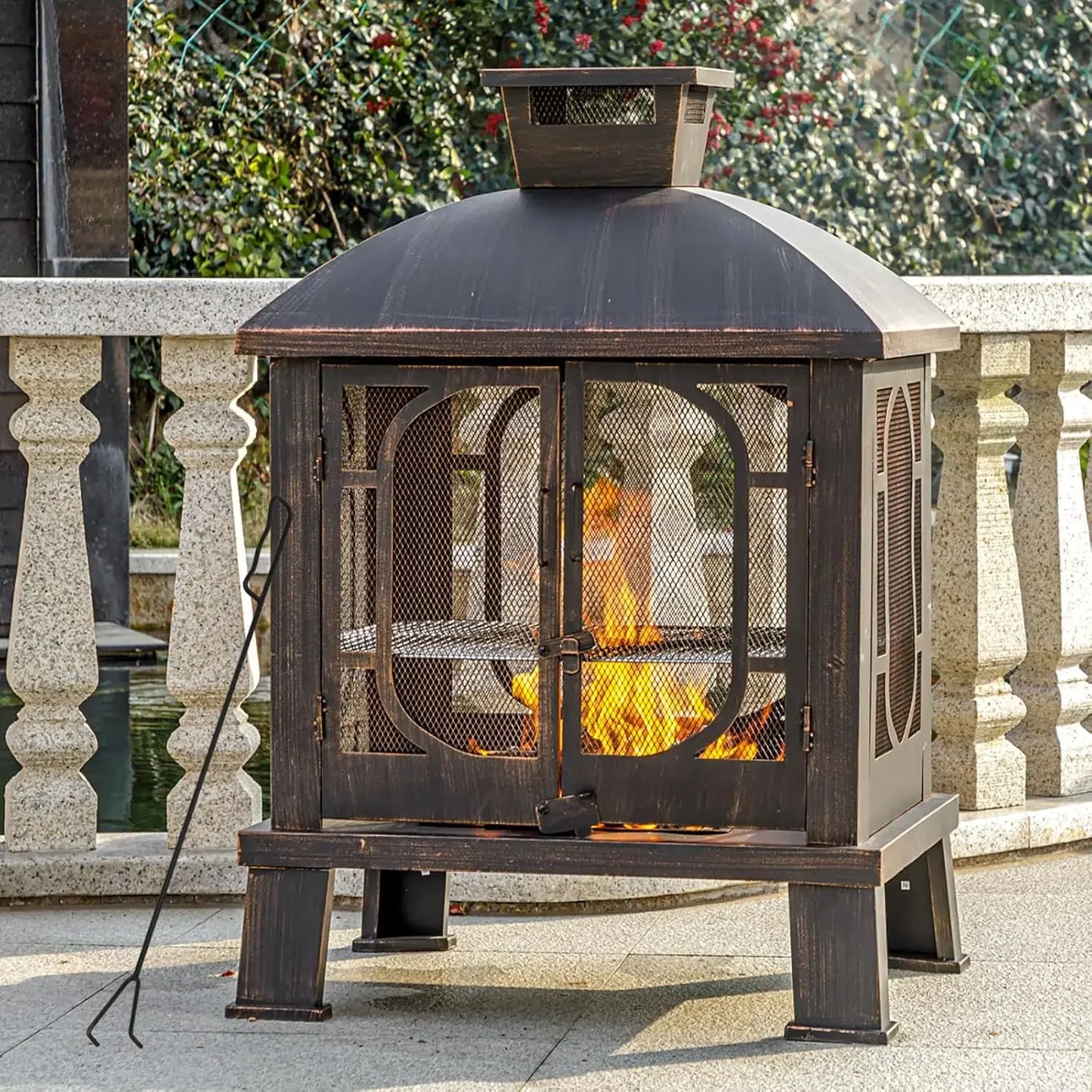 Vintage Charm Chiminea Fire Pit with Grill and Pocker