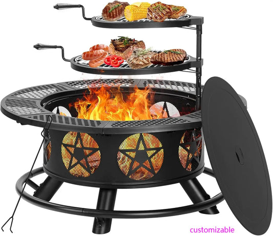 Patriotic Wood Burning Fire Pits with Lid & Poker