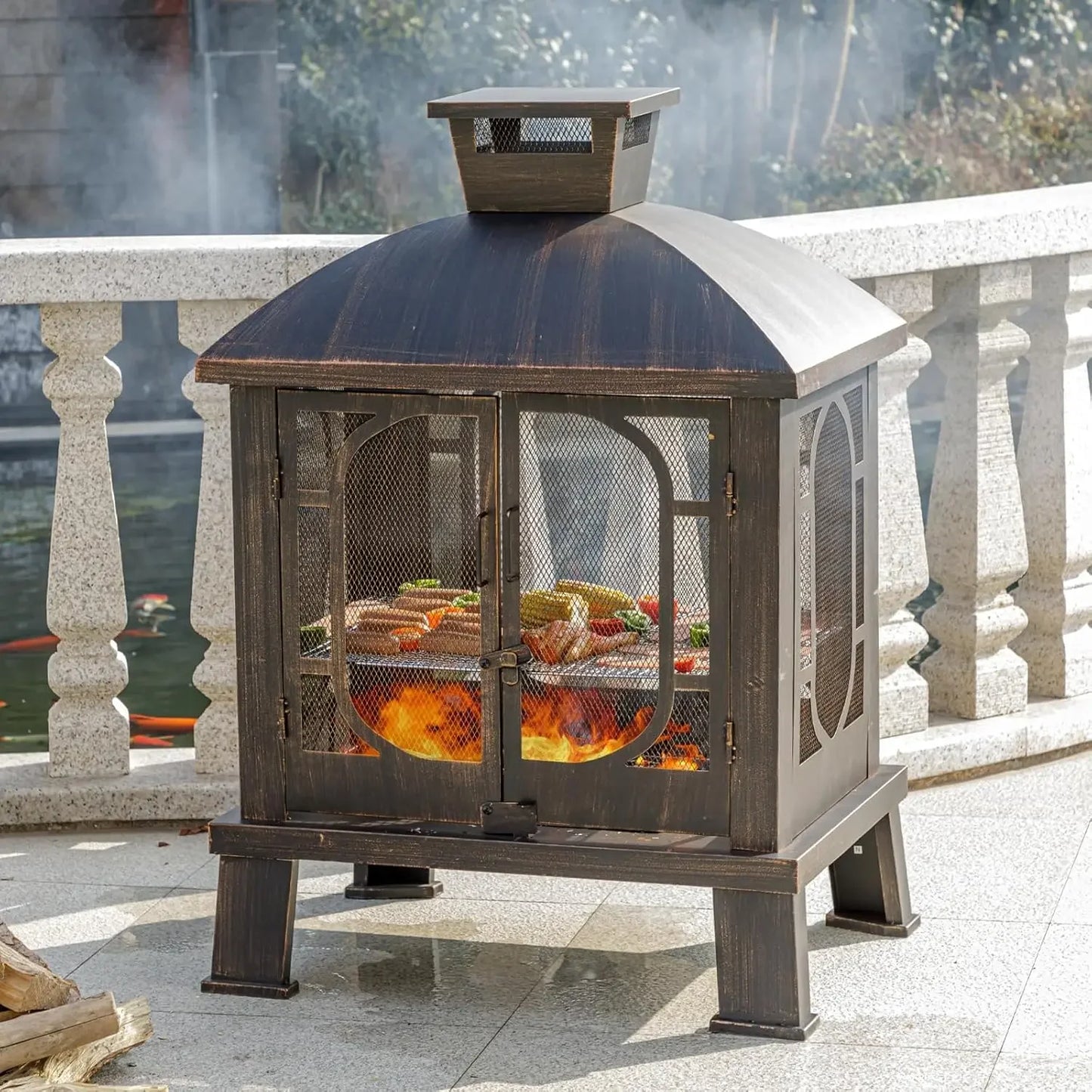 Vintage Charm Chiminea Fire Pit with Grill and Pocker