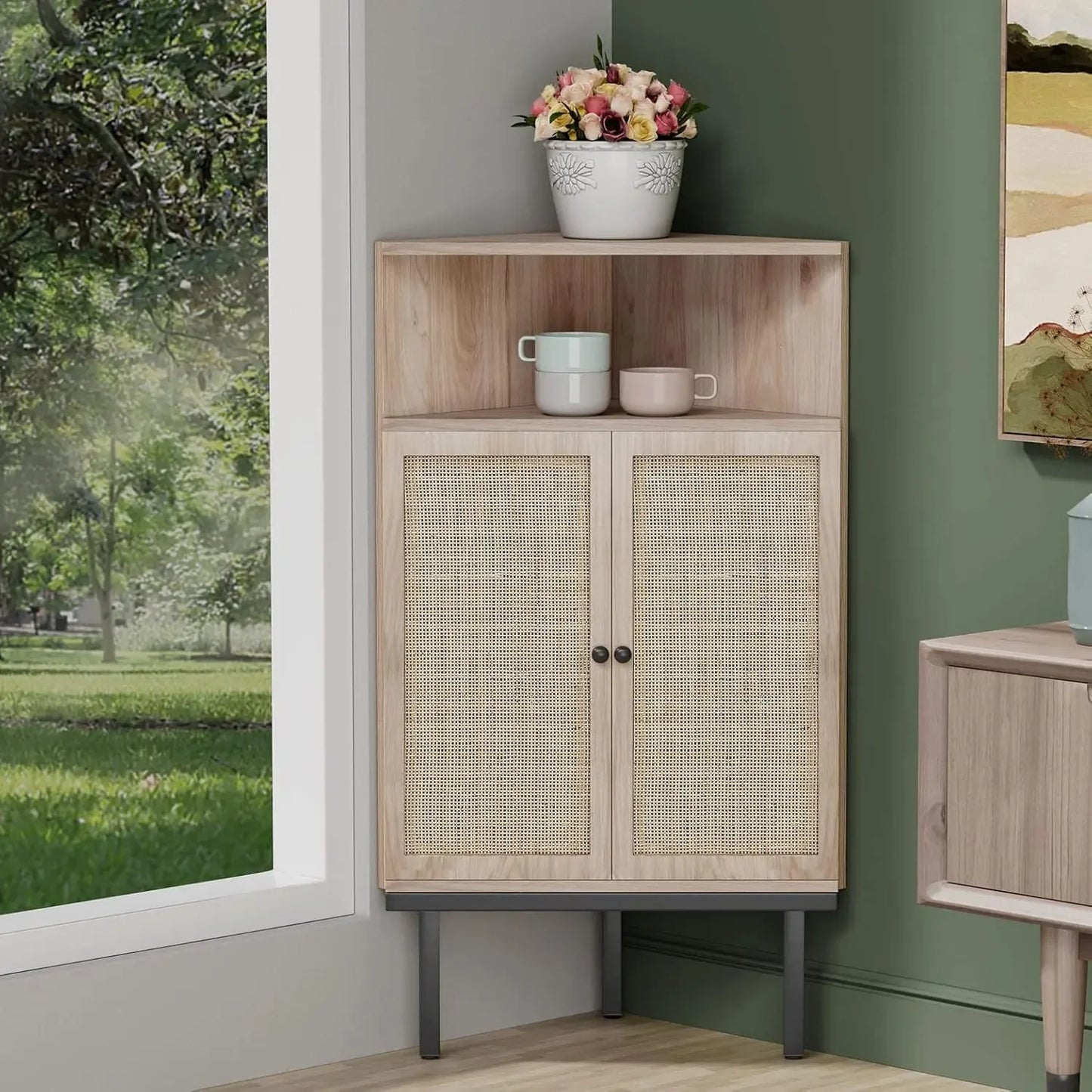 Handmade Corner Cabinet with Natural Rattan Decorated Doors