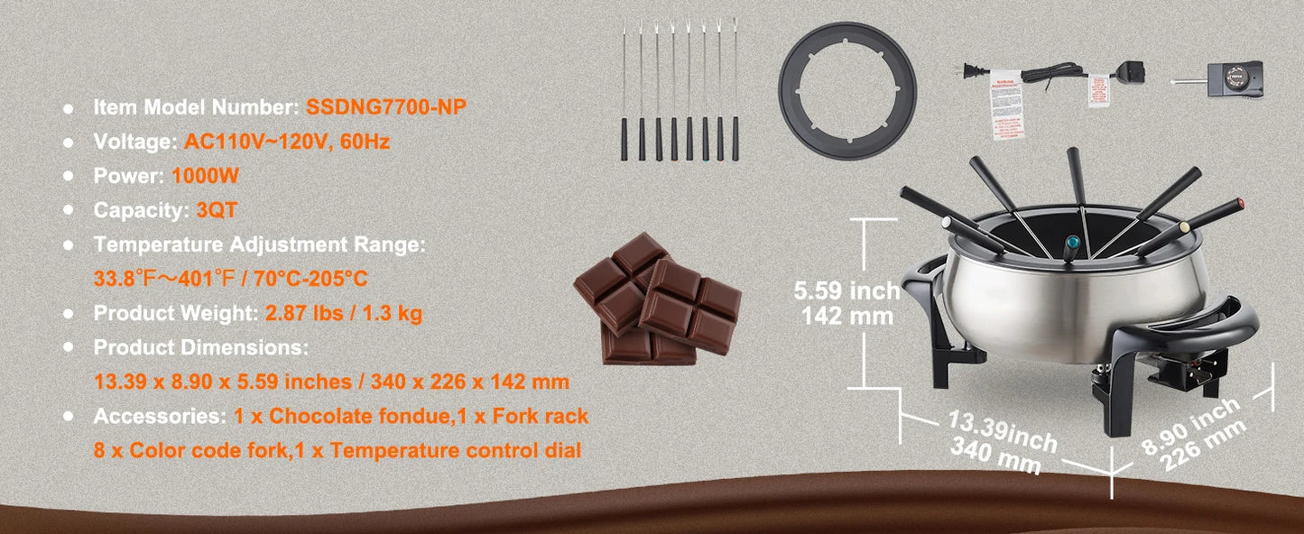 Electric 3 Quart Stainless Steel Fondue Pot Set