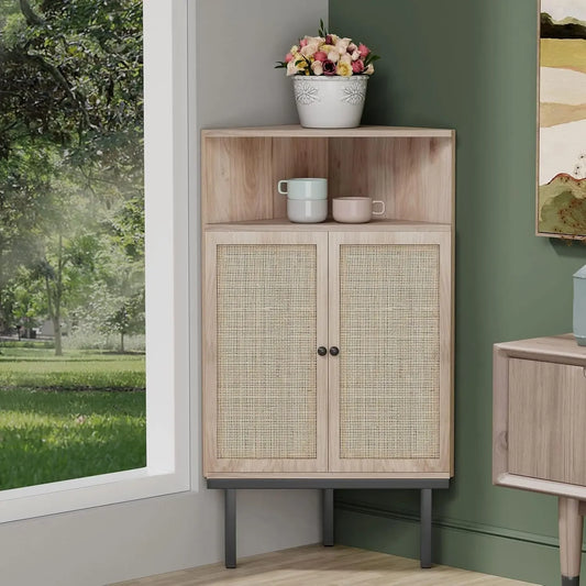 Handmade Corner Cabinet with Natural Rattan Decorated Doors