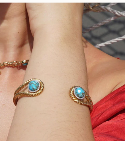 Glory of the Sun Turquoise & Diamond Cuff in 14K Yellow Gold Plated Sterling Silver