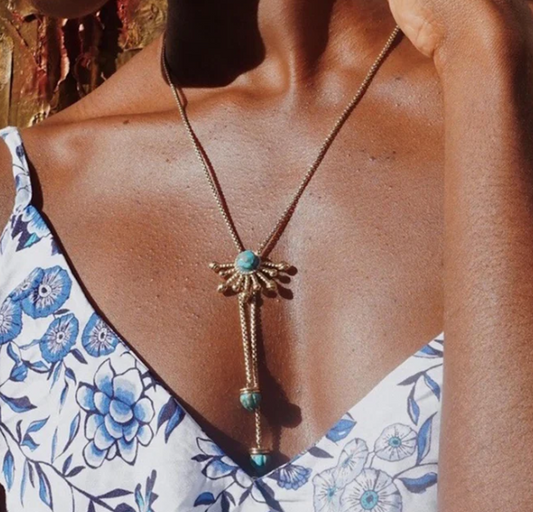 Golden Rays Turquoise Half Sun Diamond Lariat Necklace