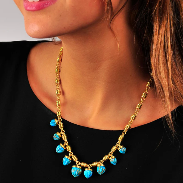Sunshine Twist Turquoise Studded Necklace in 14K Yellow Gold Plated Sterling Silver
