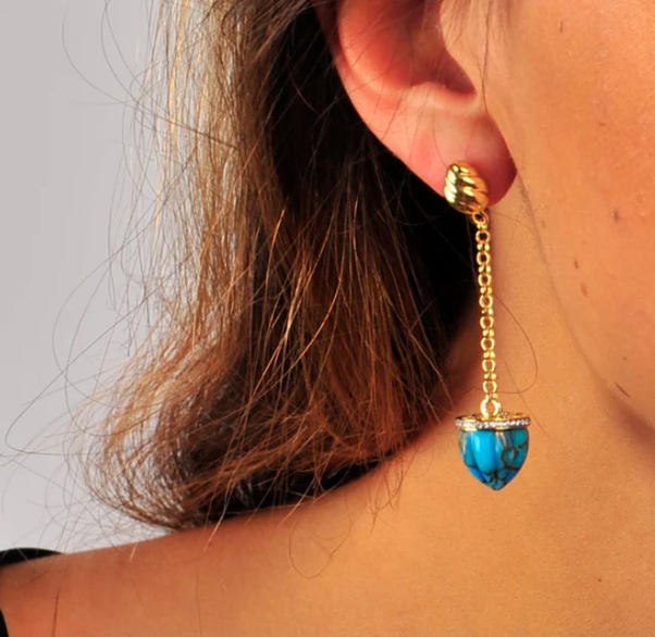 Glory of the Sun Sling Turquoise & Diamond Earrings in 14K Yellow Gold Plated Sterling Silver