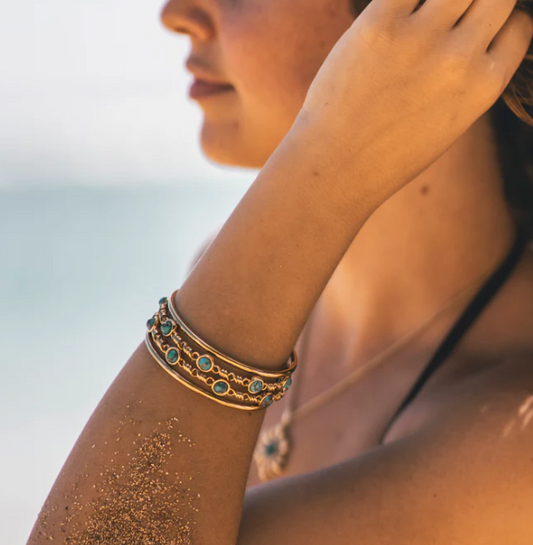 Sunshine & Sea Turquoise Stackable Bangles in 14K Yellow Gold Plated Sterling Silver