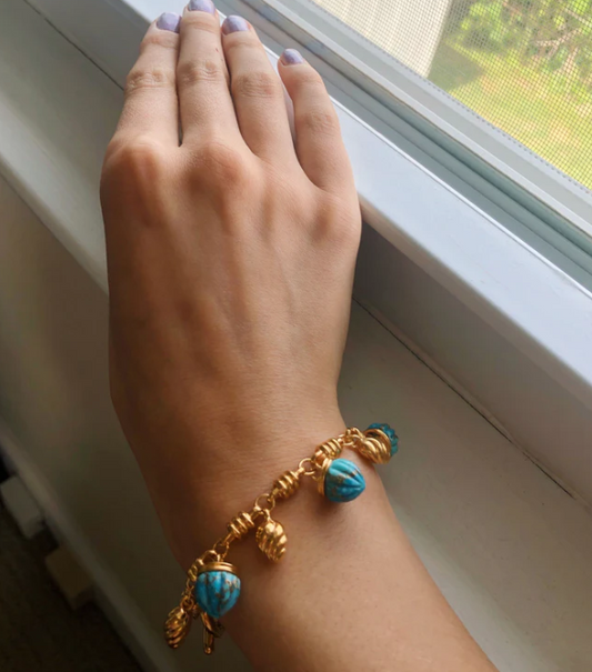 Sunshine Twist Turquoise Charms Bracelet in 14K Yellow Gold Plated Sterling Silver