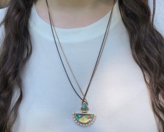 Legacy Turquoise & Pearl Diamond Necklace in 14K Yellow Gold Plated Sterling Silver