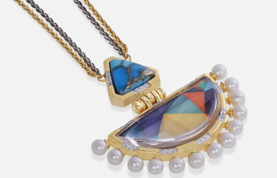 Legacy Turquoise & Pearl Diamond Necklace in 14K Yellow Gold Plated Sterling Silver