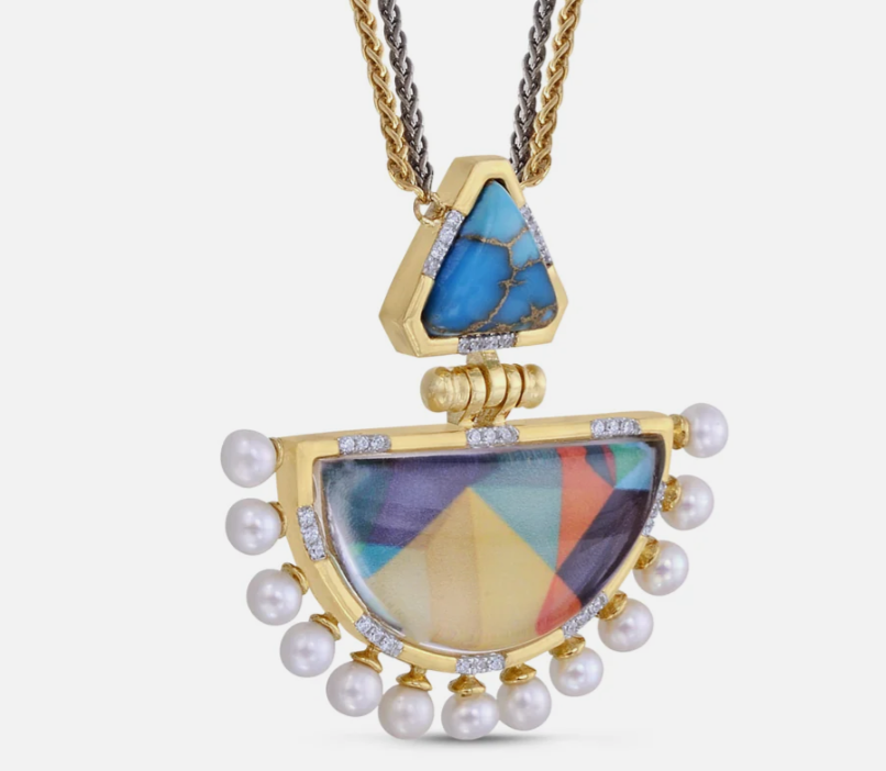 Legacy Turquoise & Pearl Diamond Necklace in 14K Yellow Gold Plated Sterling Silver