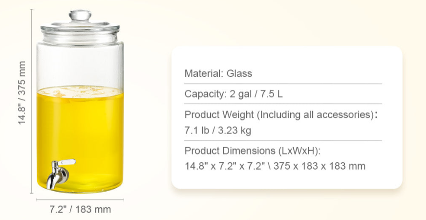 No Drip Glass 2 Gallon Drink Dispenser