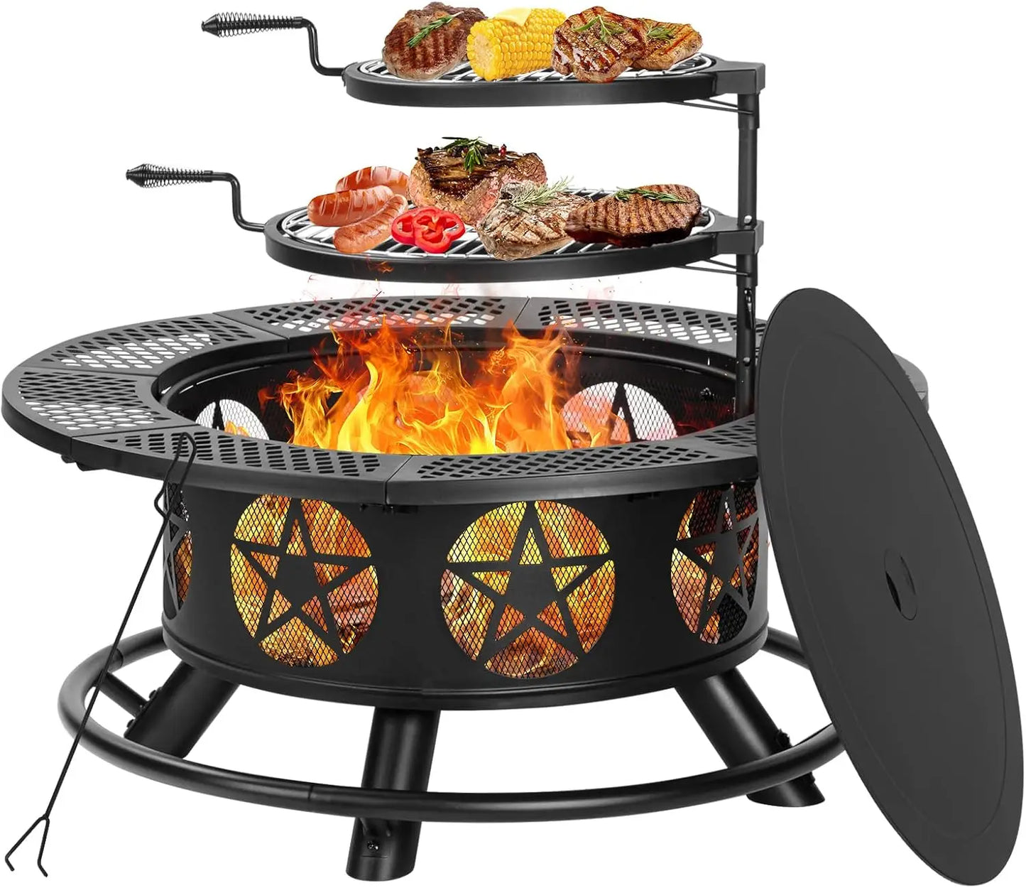Patriotic Wood Burning Fire Pits with Lid & Poker