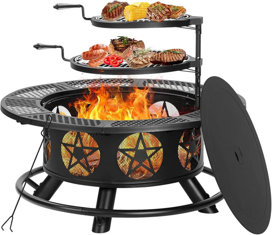 Patriotic Wood Burning Fire Pits with Lid & Poker