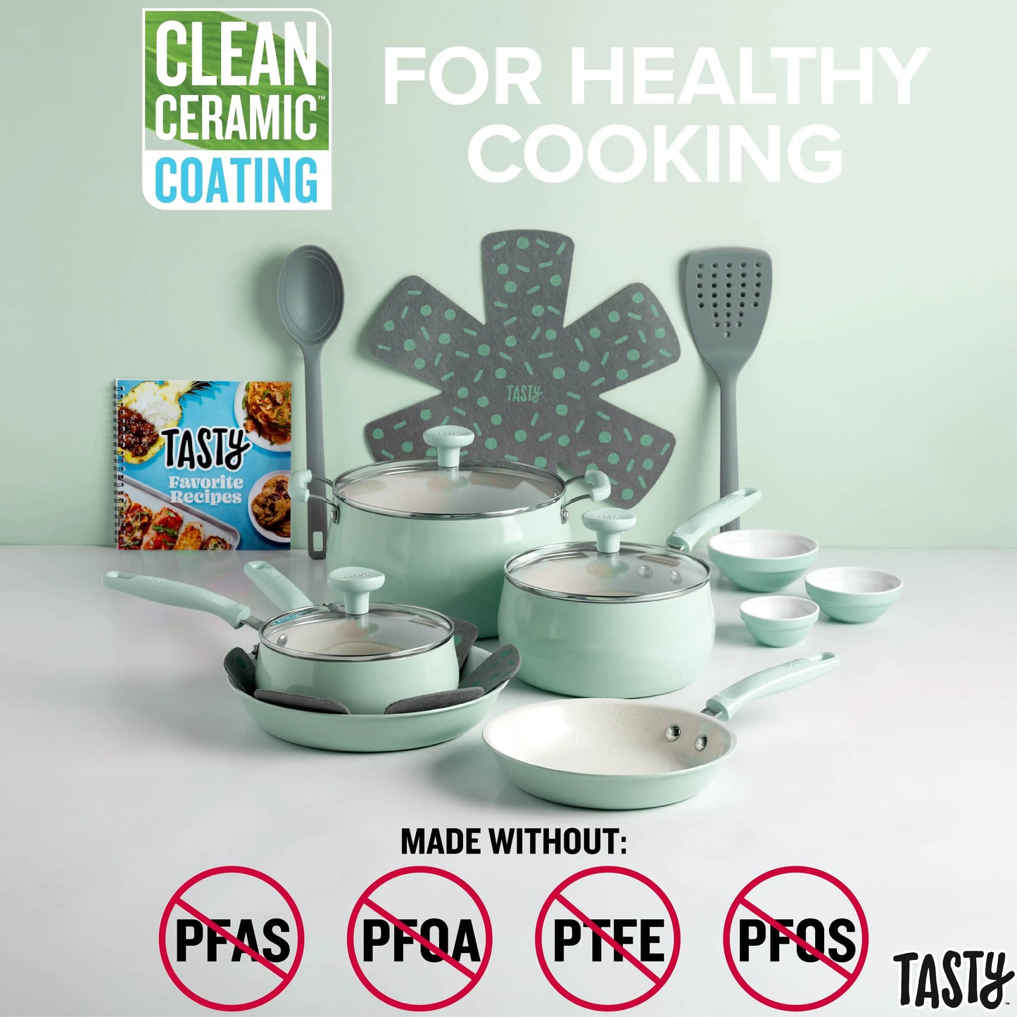 Sage Green Ceramic 16 Piece Non-Stick Aluminum Cookware Set