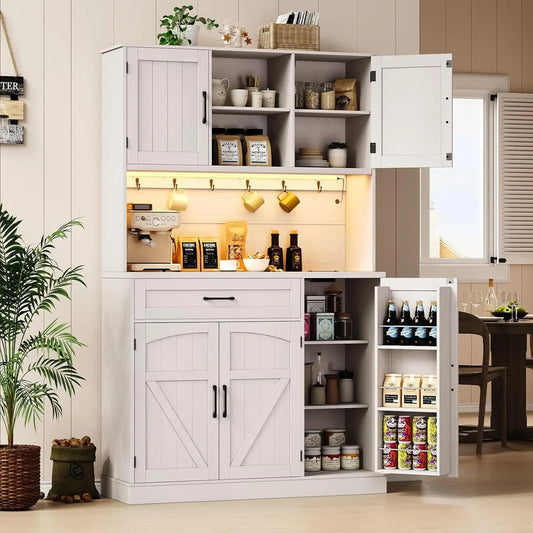 Kitchen Hutch with Microwave Shelf with LED Light & Outlet