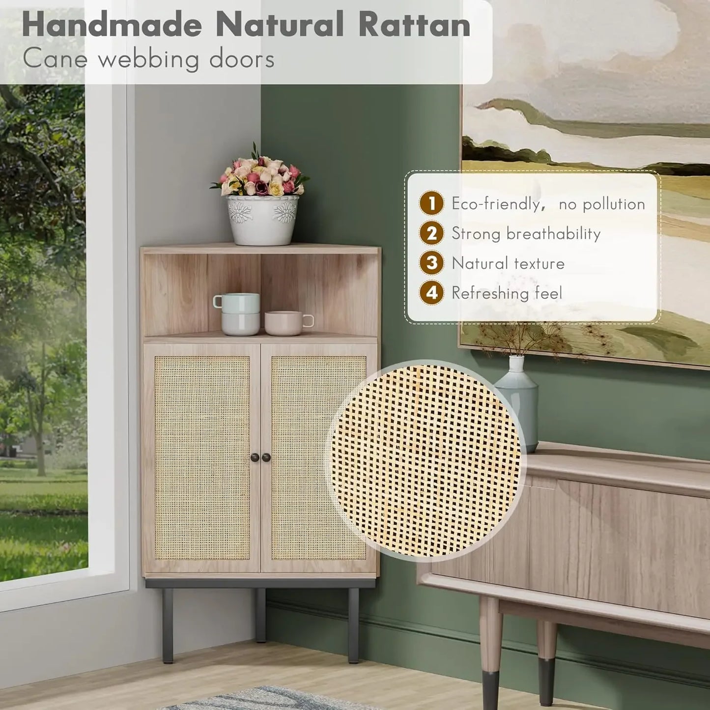 Handmade Corner Cabinet with Natural Rattan Decorated Doors