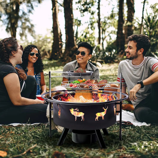 Hunters Fire Pit with Cooking Grate, Lid, Poker and Round Waterproof Cover
