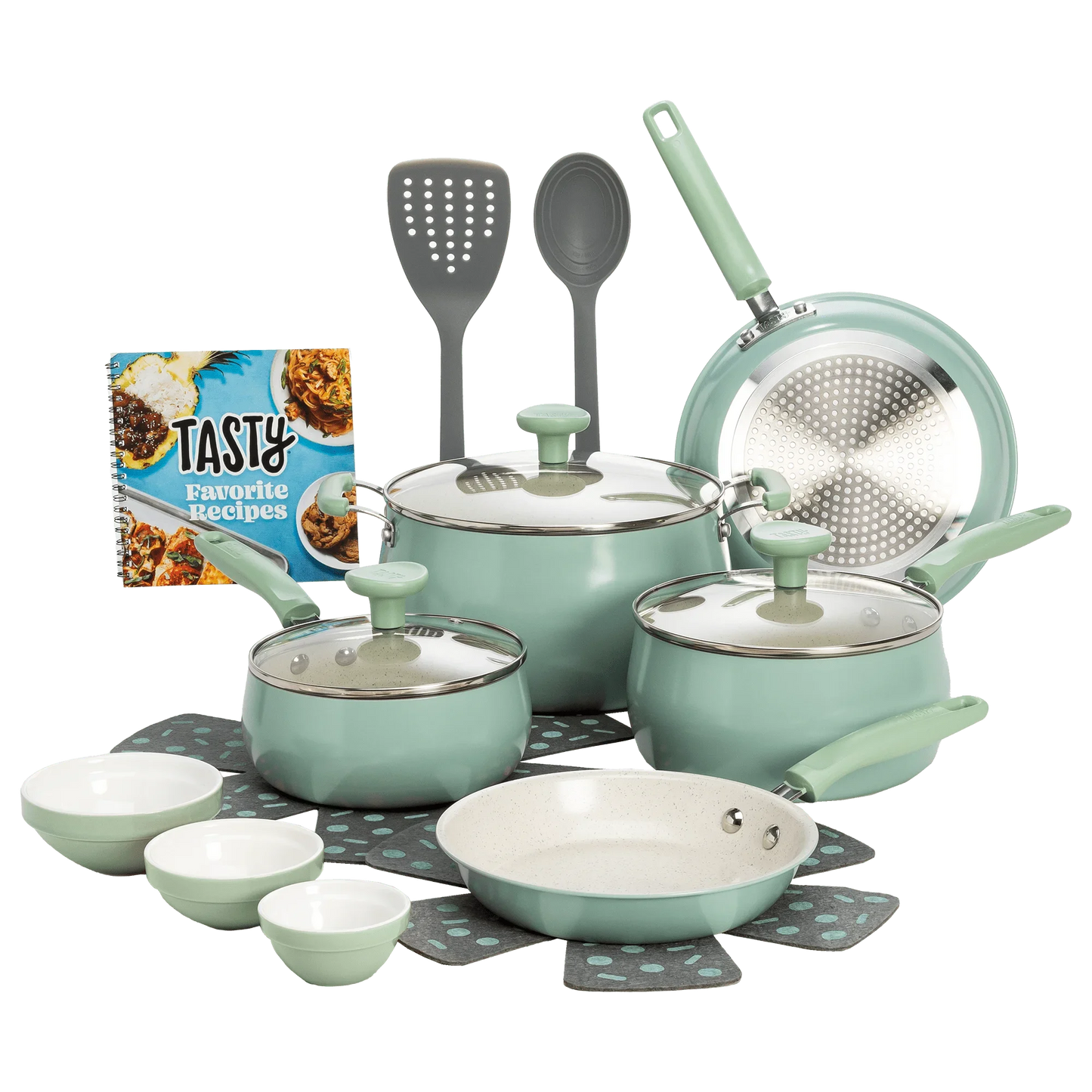 Sage Green Ceramic 16 Piece Non-Stick Aluminum Cookware Set