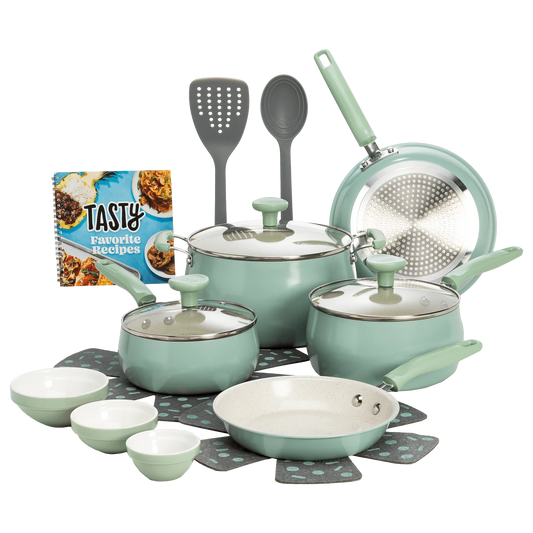 Sage Green Ceramic 16 Piece Non-Stick Aluminum Cookware Set