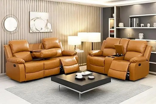 Luxurious Leather Recliner Sofa Set, Ginger
