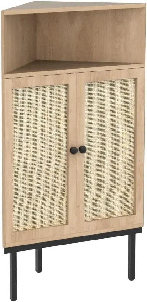 Handmade Corner Cabinet with Natural Rattan Decorated Doors
