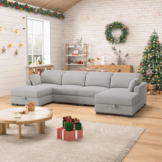 Quaint Farmhouse Oversized Sectional Sofa with 2 Storage Ottomans