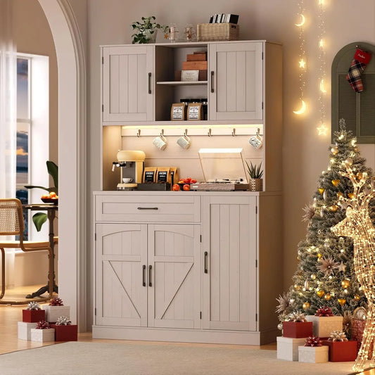 Kitchen Hutch with Microwave Shelf with LED Light & Outlet