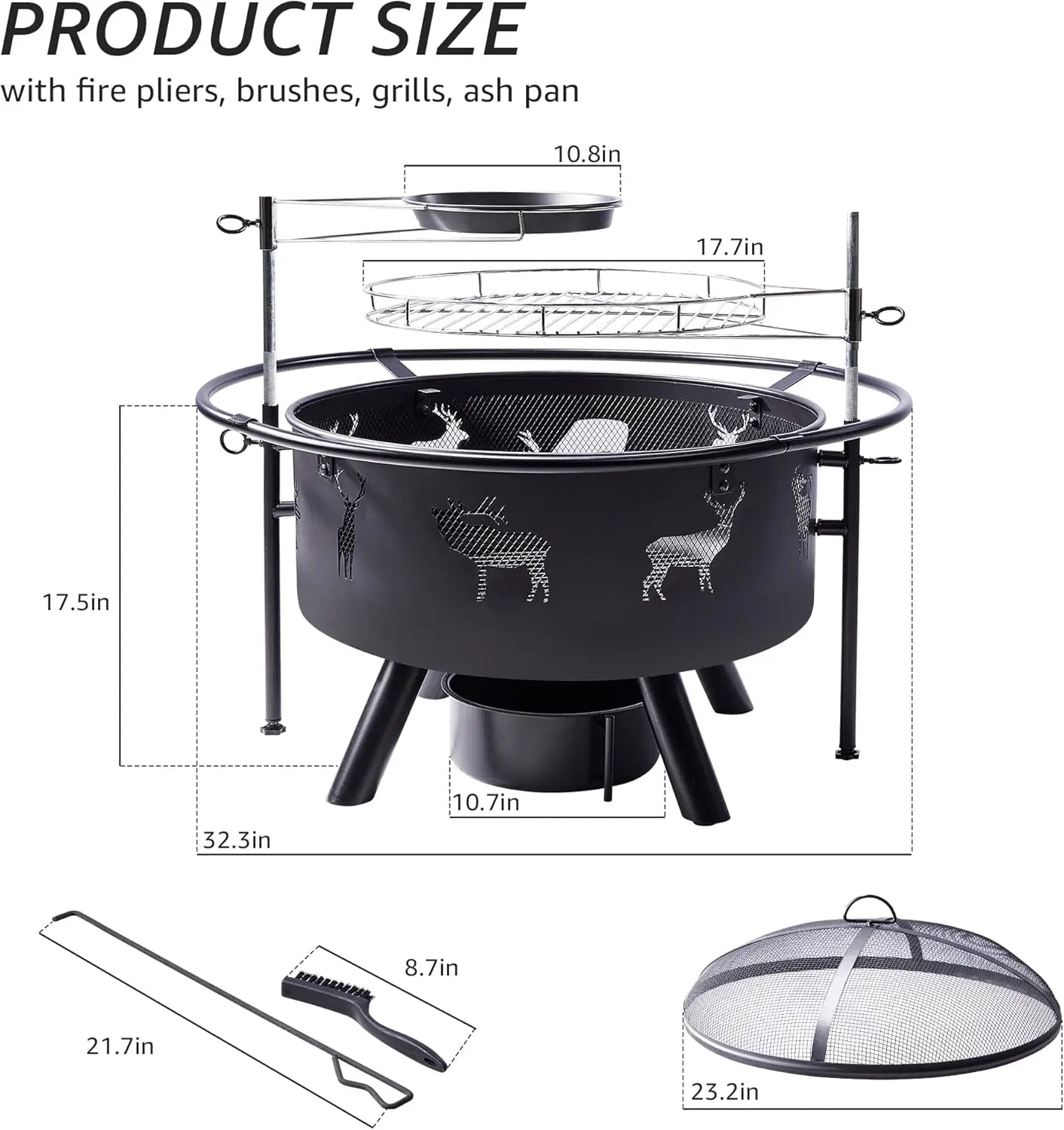 Hunters Fire Pit with Cooking Grate, Lid, Poker and Round Waterproof Cover