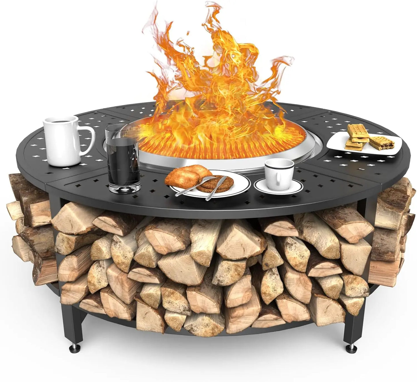Deluxe Fire Pit Surround Tabletop with Firewood Storage Shelf