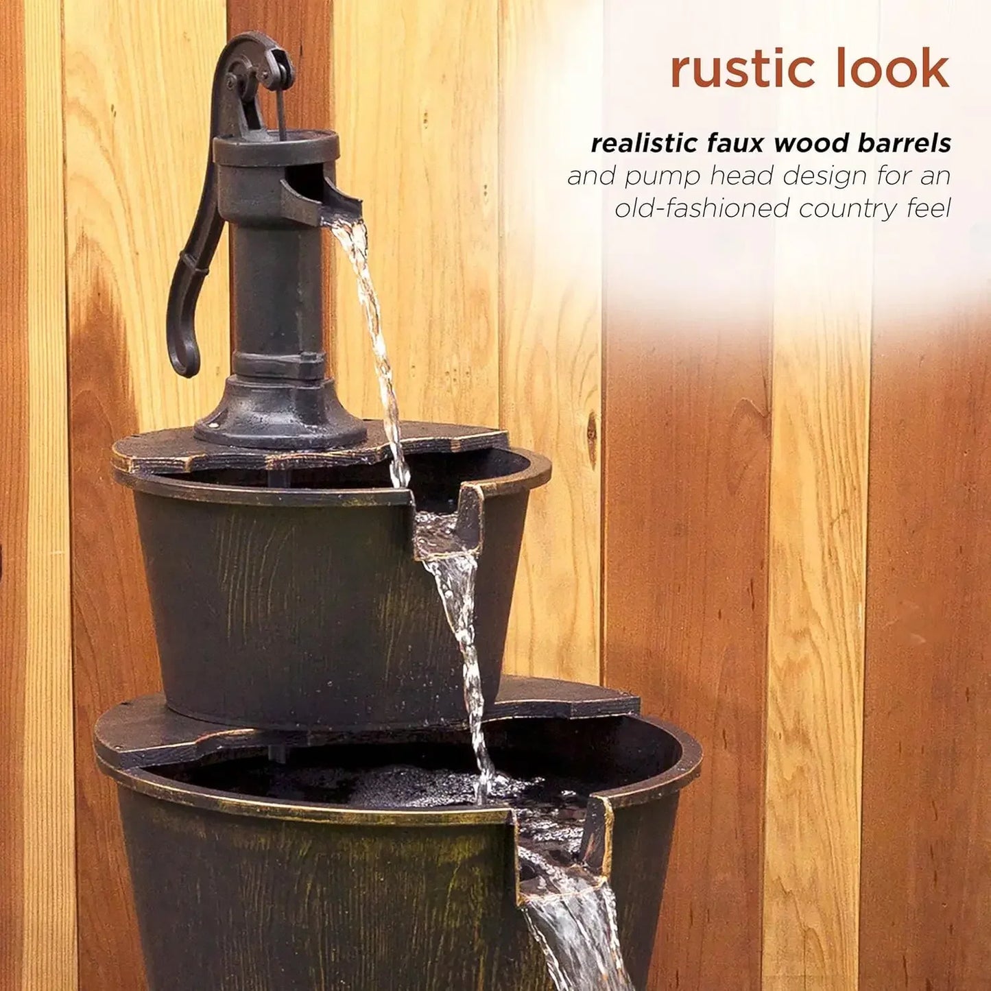 Timeless Rustic Tiered Pump and Barrel Water Fountain