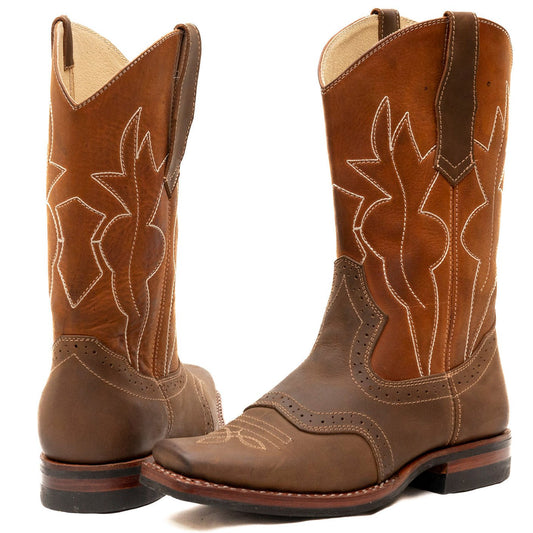 Men's Square Toe Double Stitched Cowboy Boots with perforations